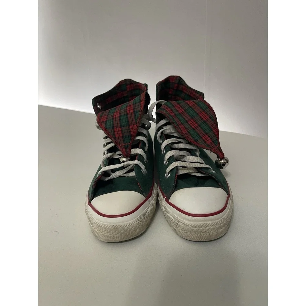 VTG Chuck Taylor Green Allstar‎ W/Plaid Elf Jingle Bells High Top Shoes Size 6.5